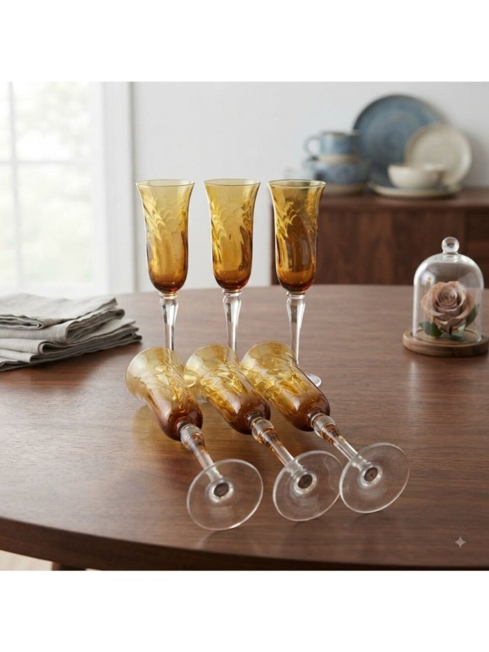 Set of 6 Mid Century Amber Optic Swirl Champagne Glasses Clear Stemmed Barware